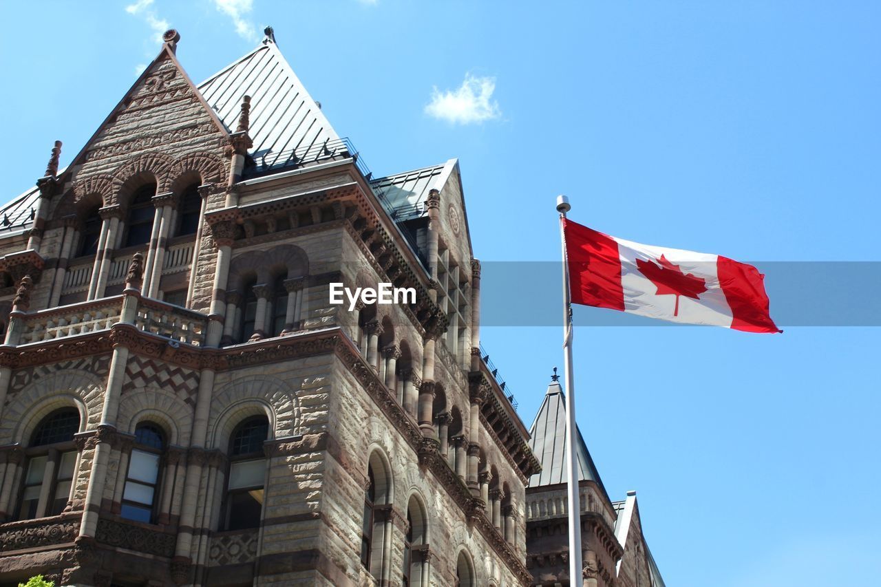 LOW ANGLE VIEW OF FLAGS AGAINST BUILDINGS