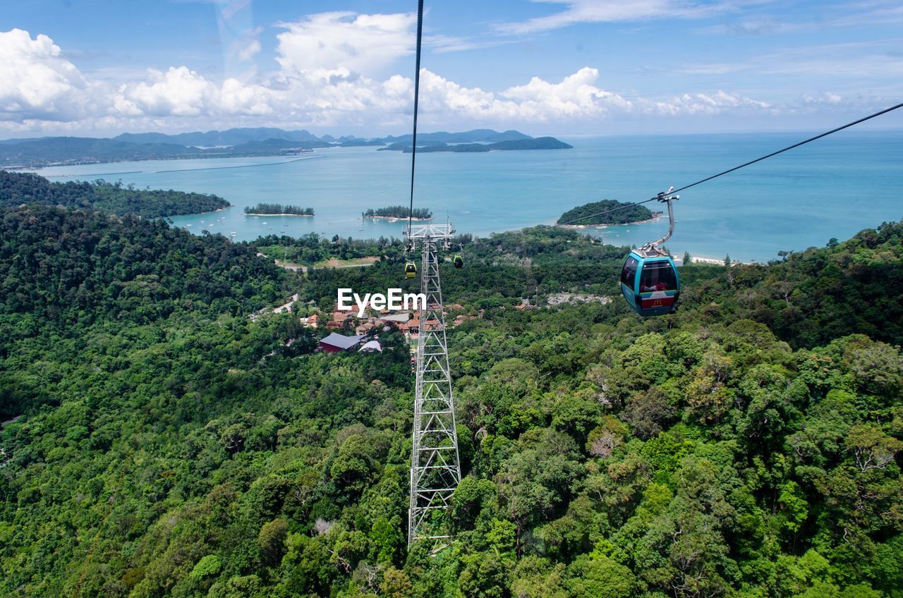 High angle view of overhead cable car against sky