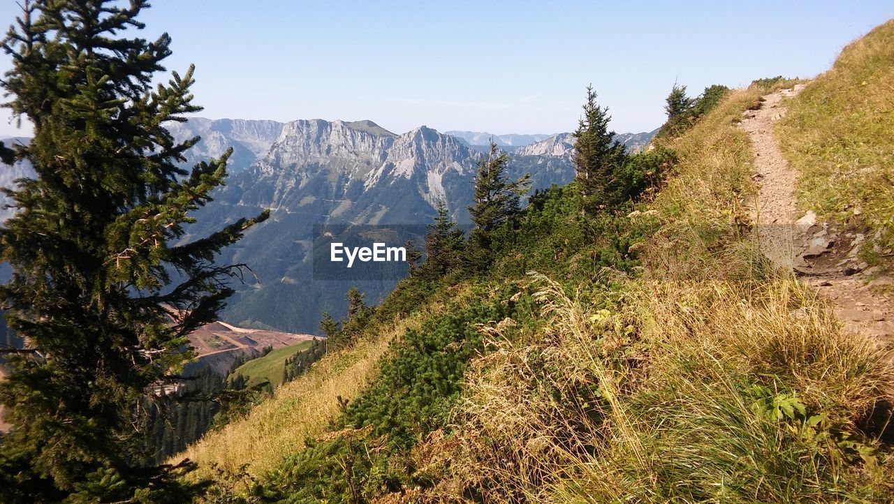 Scenic view of mountains against clear sky