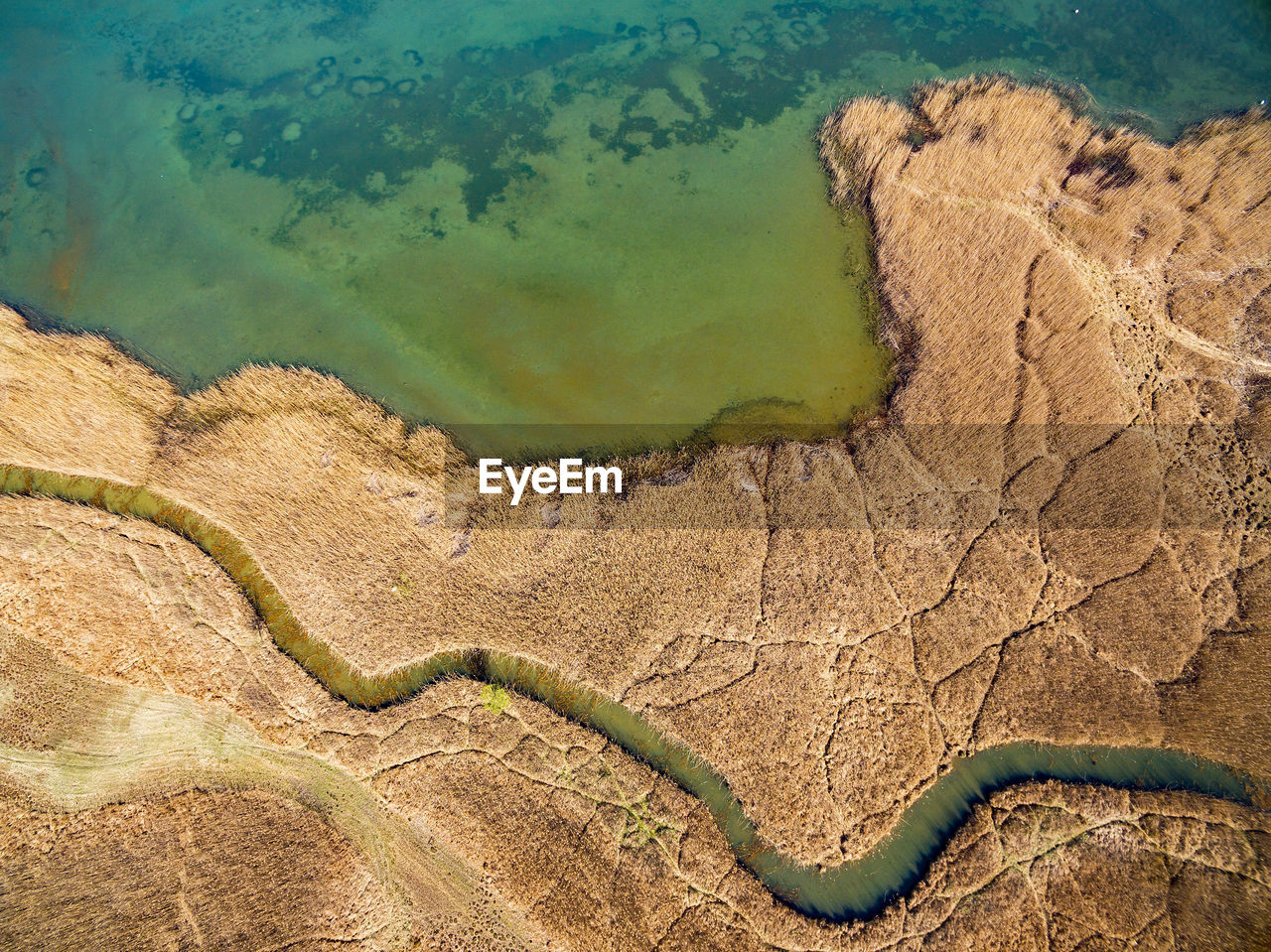 HIGH ANGLE VIEW OF GREEN LAND AND SEA