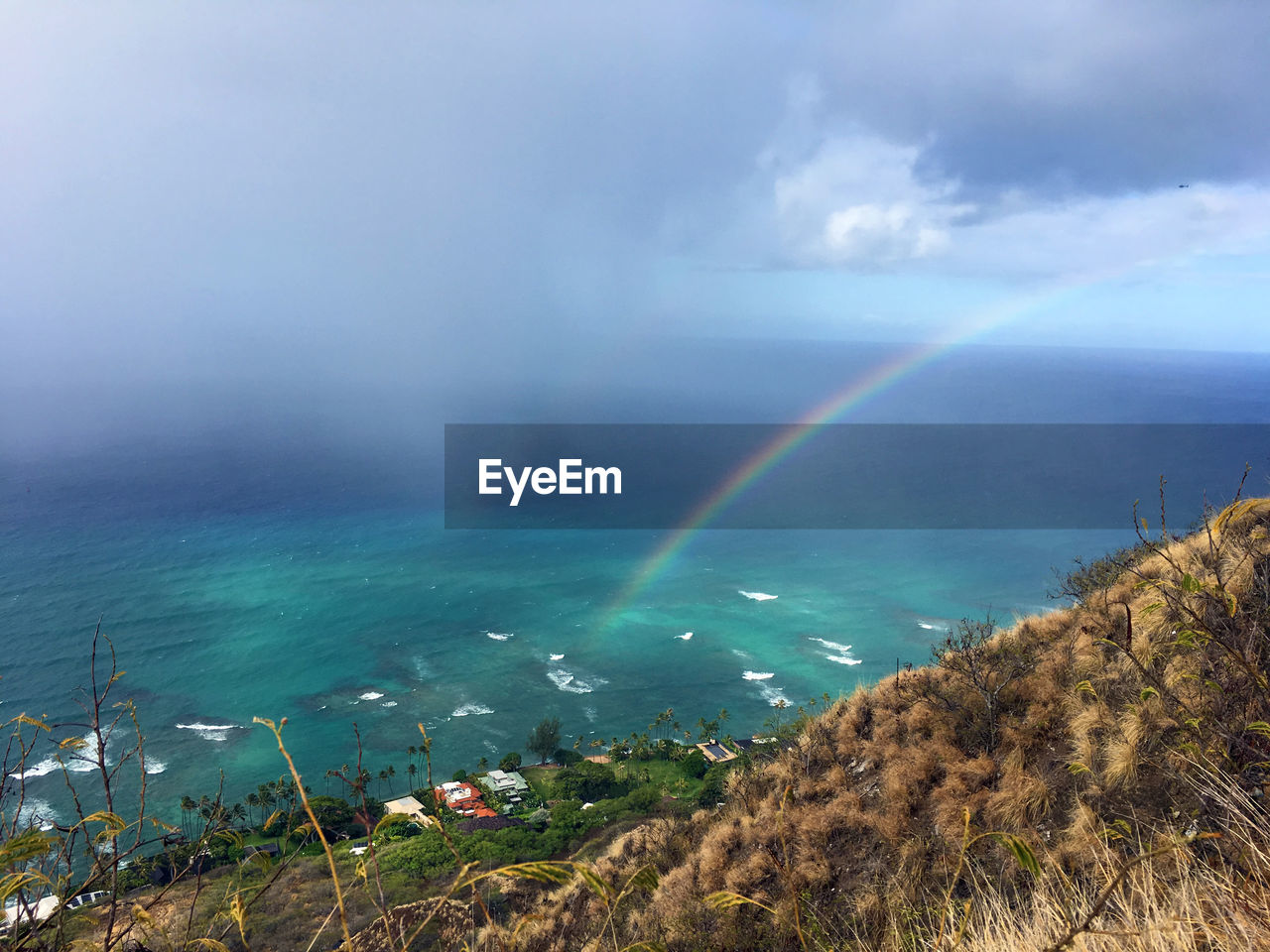 High angle view of rainbow over sea