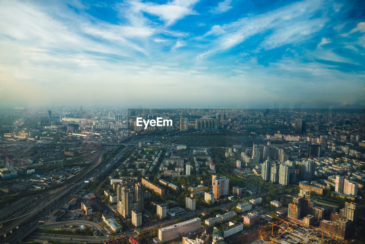 Aerial view of moscow, russia on a sunny day with blue sky and clouds