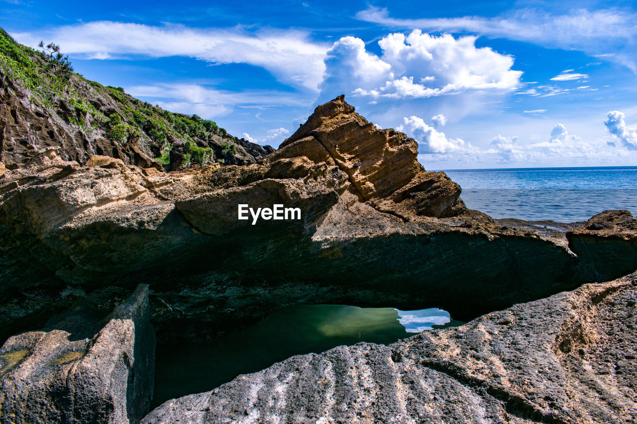 Rock formations by sea against sky