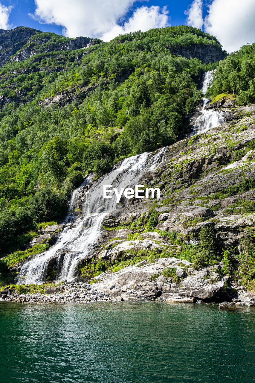 Close up of the friar waterfall, one of the most scenic waterfall of the geirangerfjord, norway