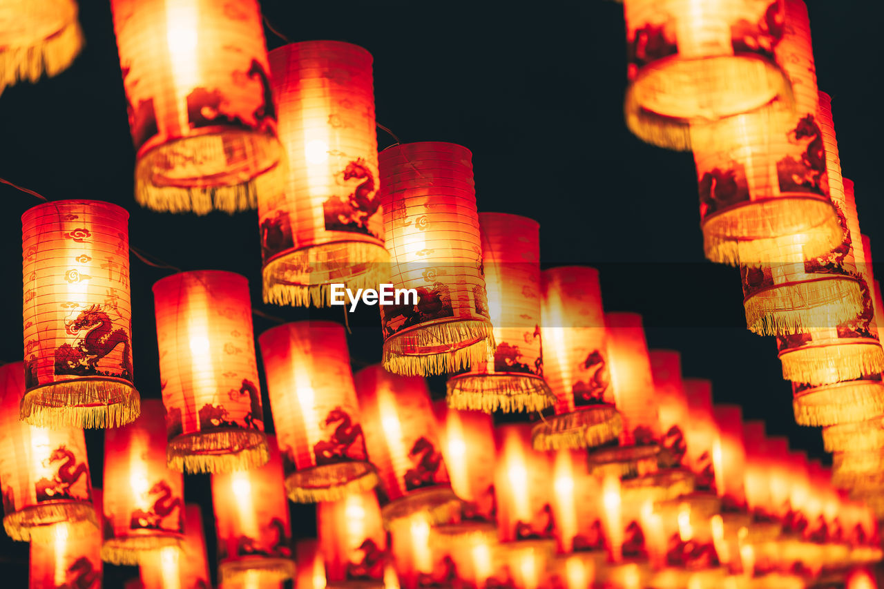 close-up of illuminated lanterns at night