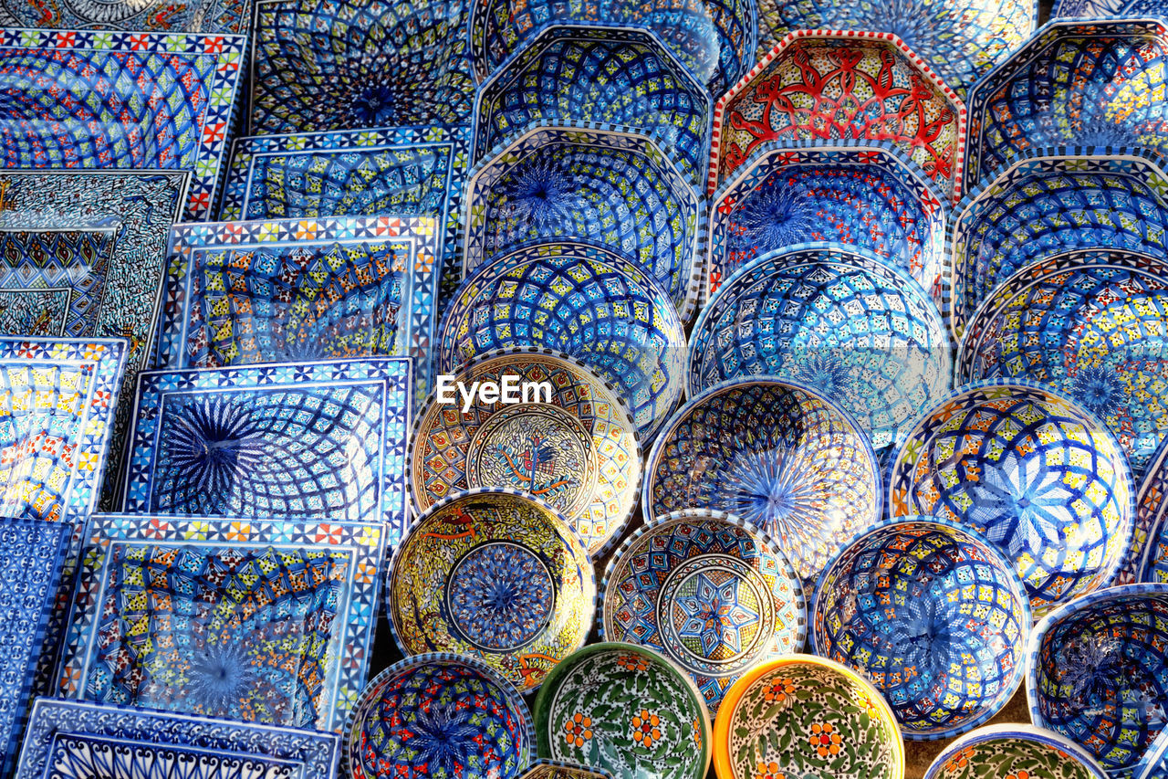Full frame shot of multi colored bowls for sale in market