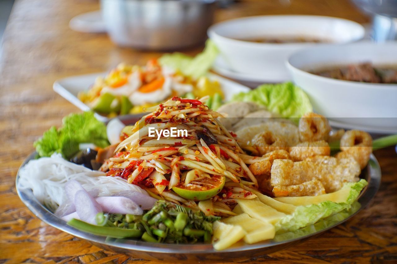 Close-up of food served on table