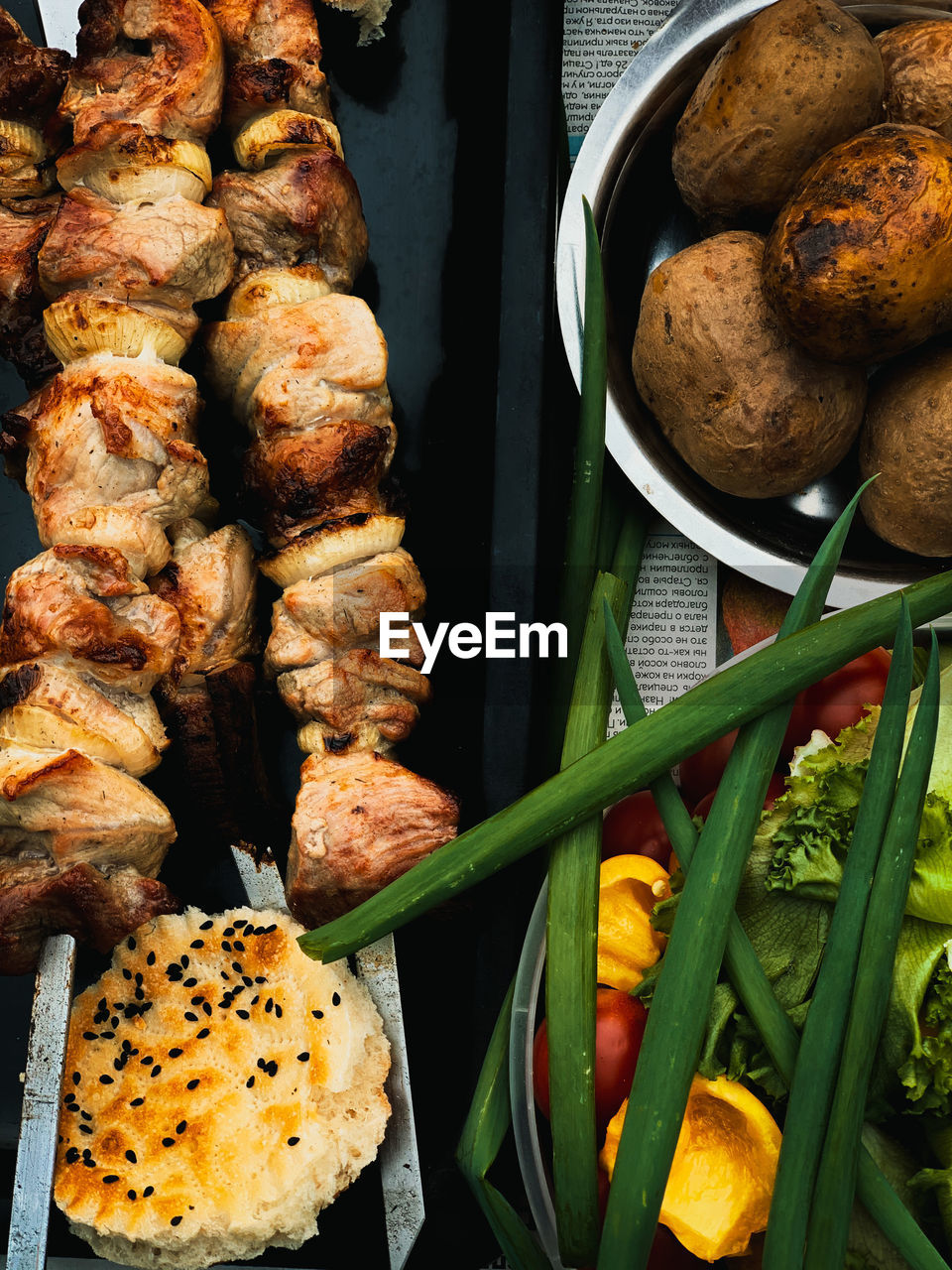 High angle view of bread on barbecue grill