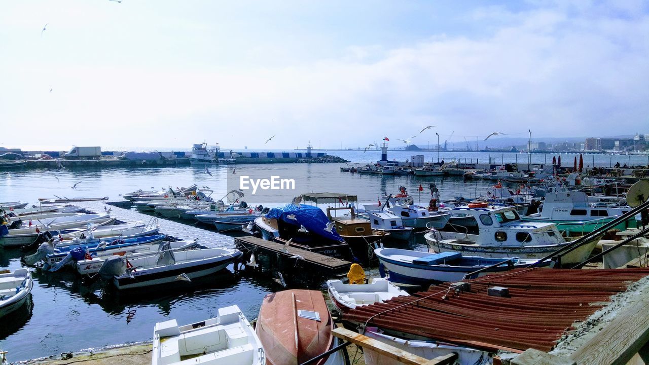 Boats moored at harbor