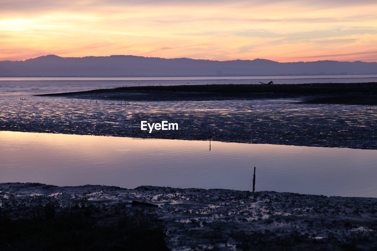 Scenic view of mountain range at sunset