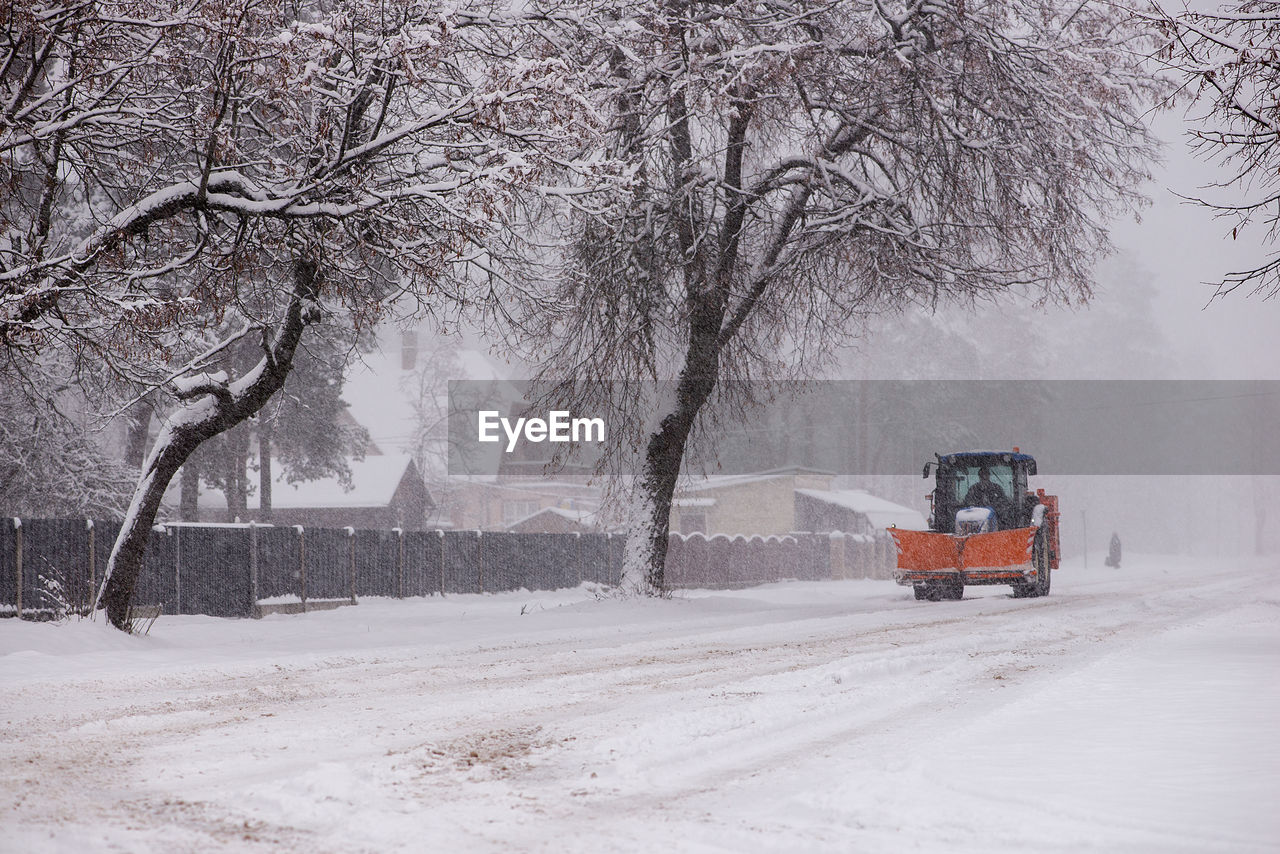 TRACTOR ON SNOW COVERED TREES