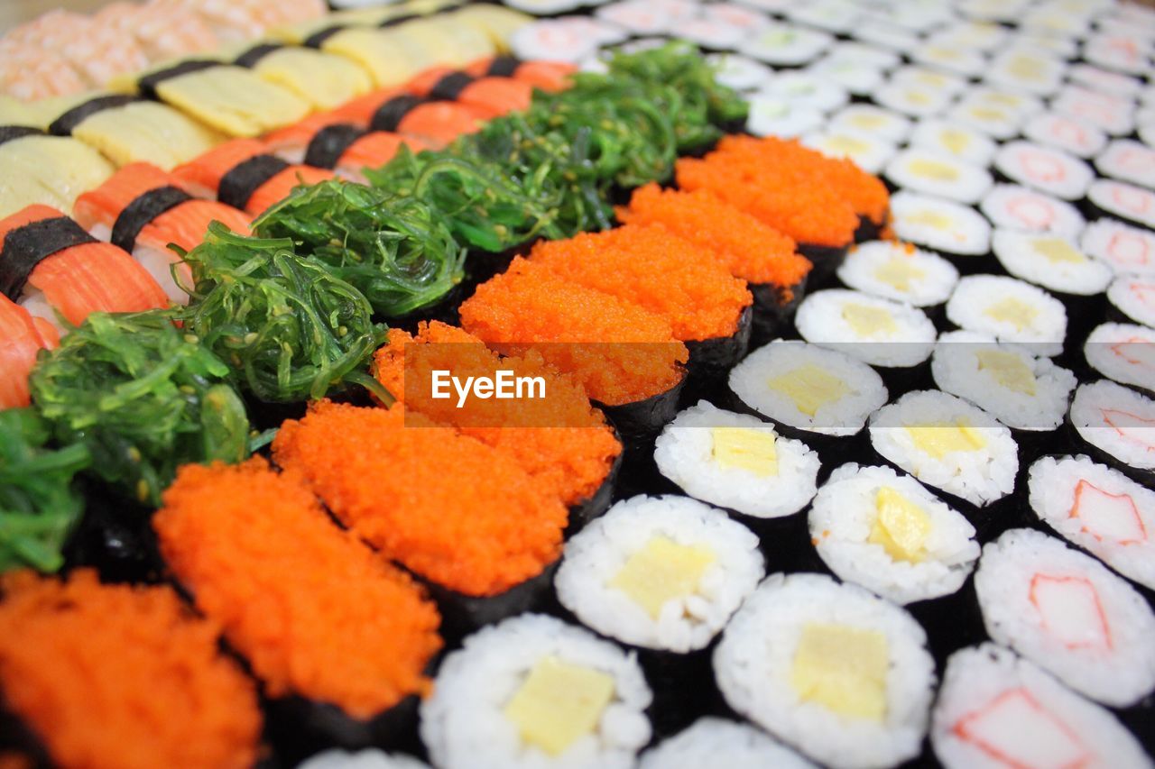 High angle view of food arranged on table