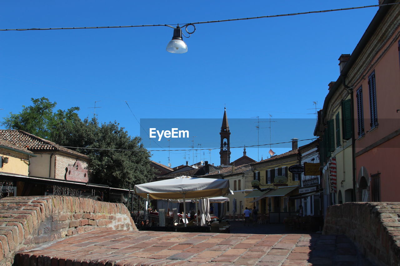 VIEW OF HOUSES AGAINST CLEAR BLUE SKY