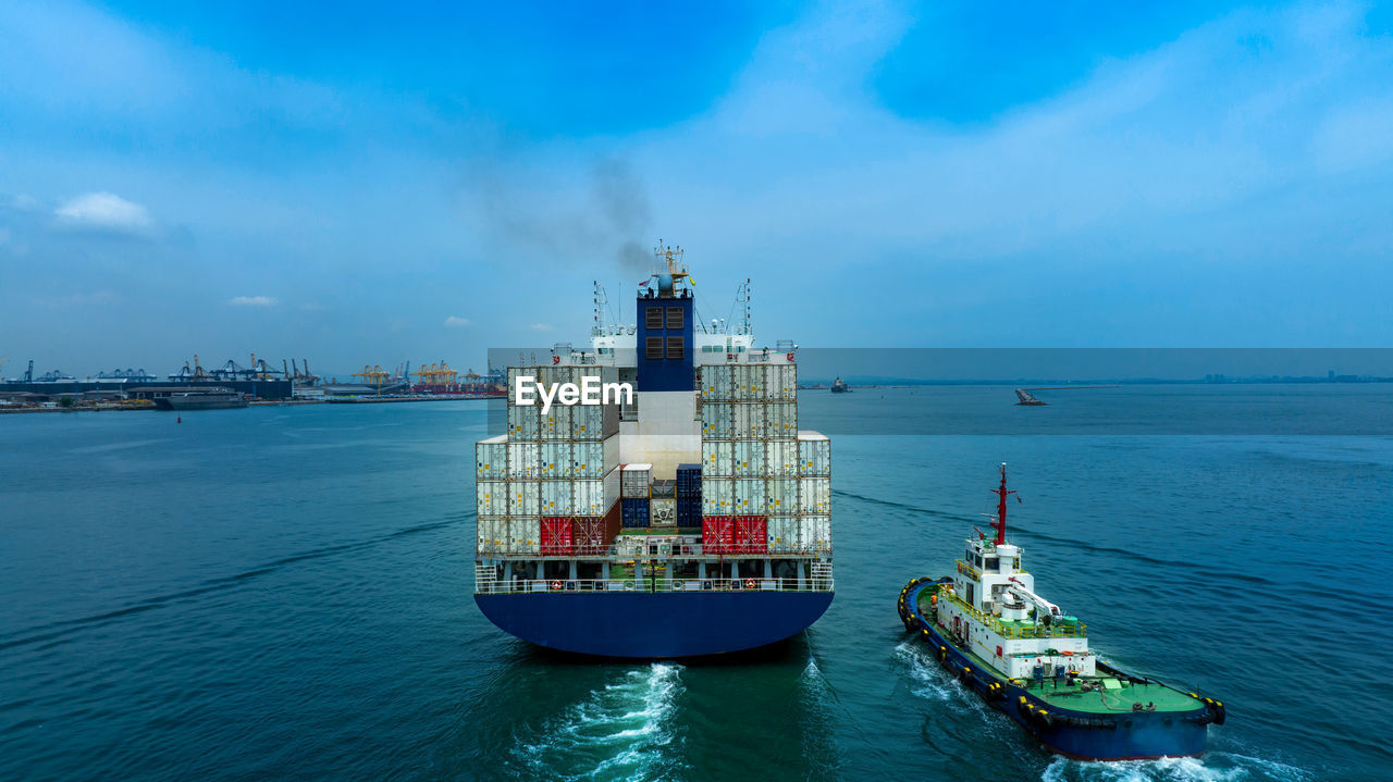 high angle view of ship in sea against sky