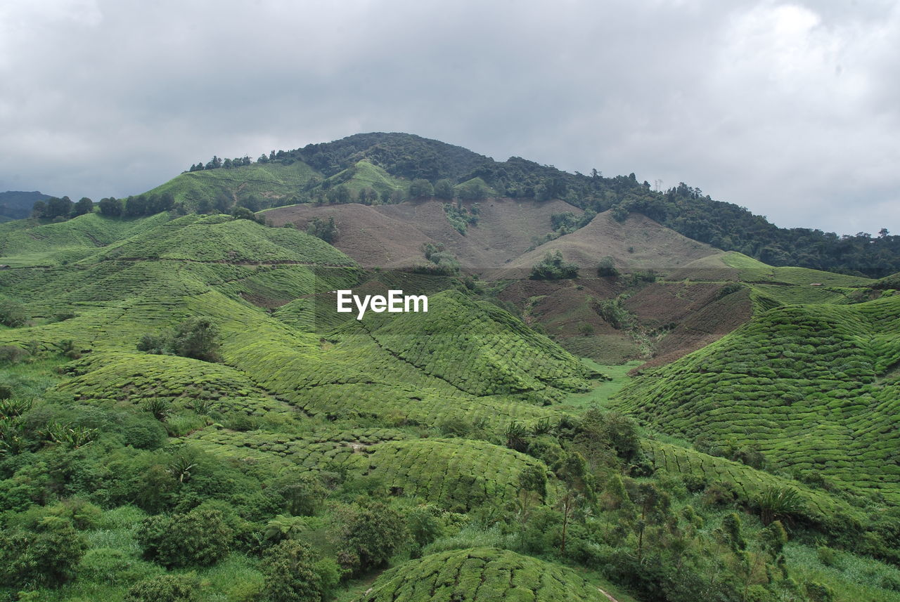 Scenic view of mountains against cloudy sky