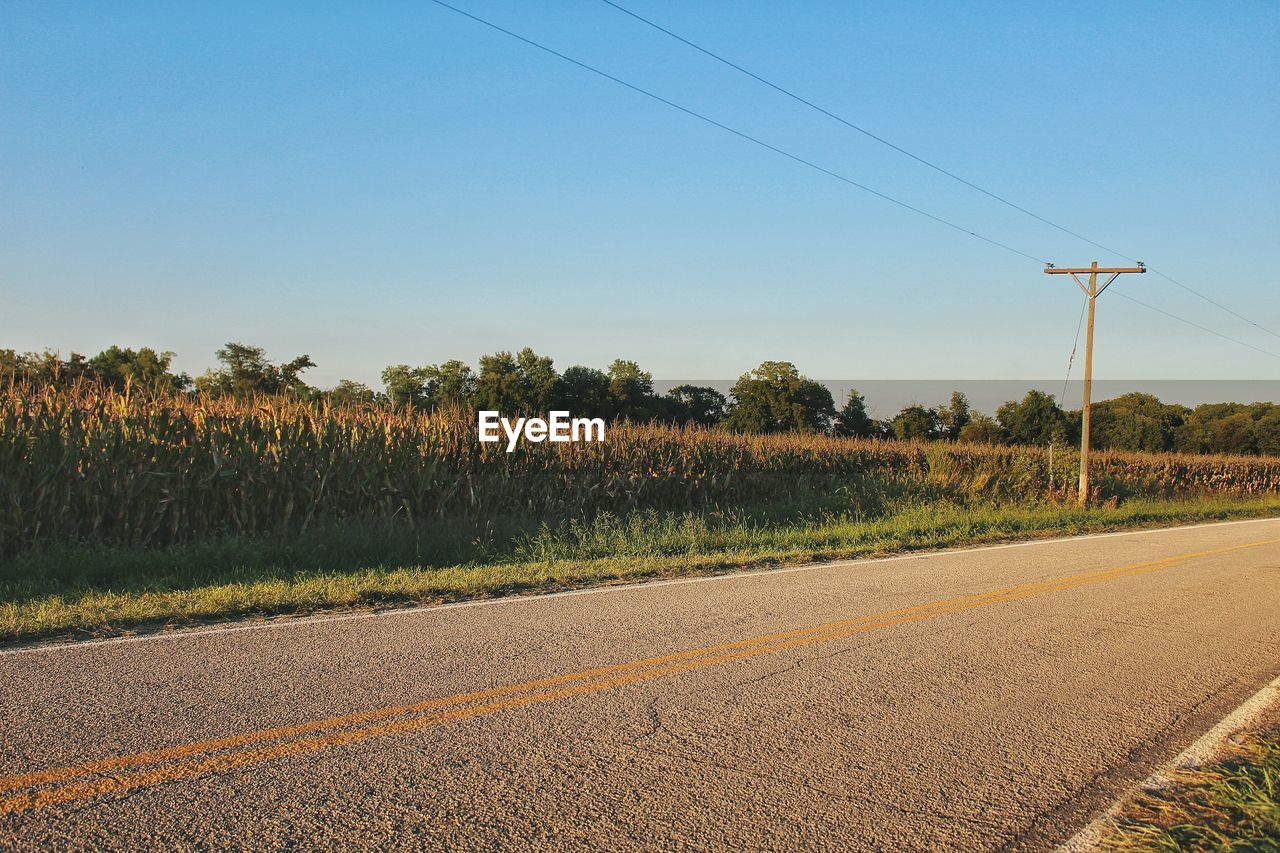 Agricultural field by empty road against clear sky