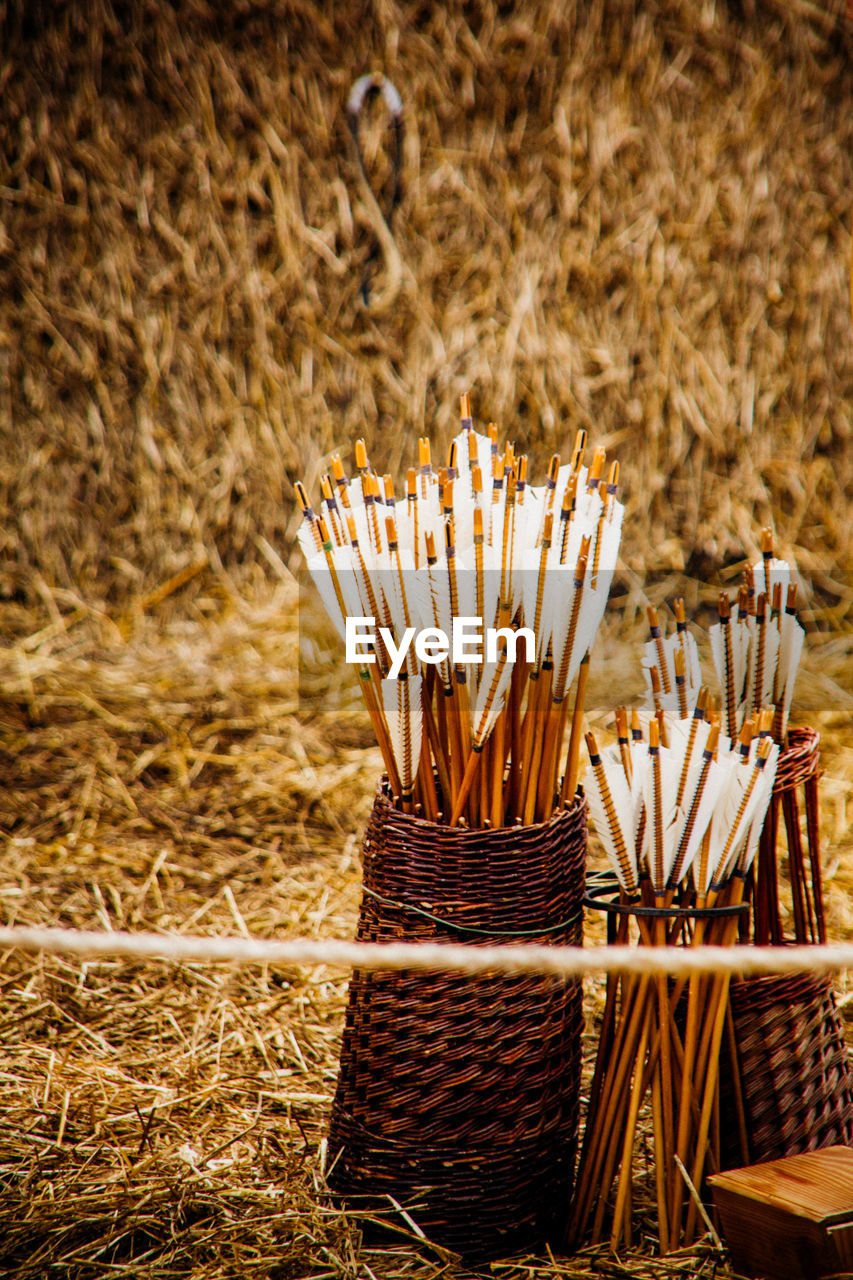 Arrows in wicker baskets on field