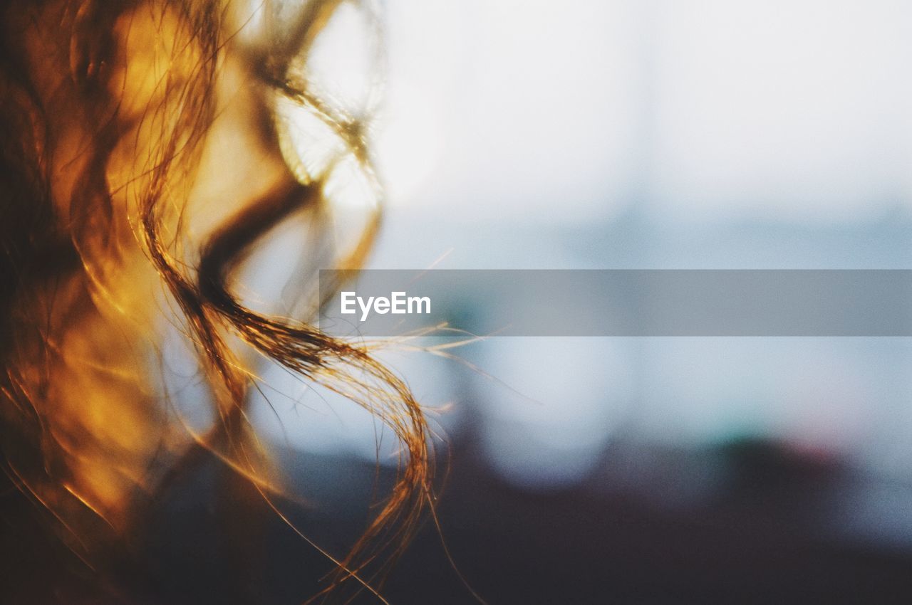 Close-up of woman hair against sky