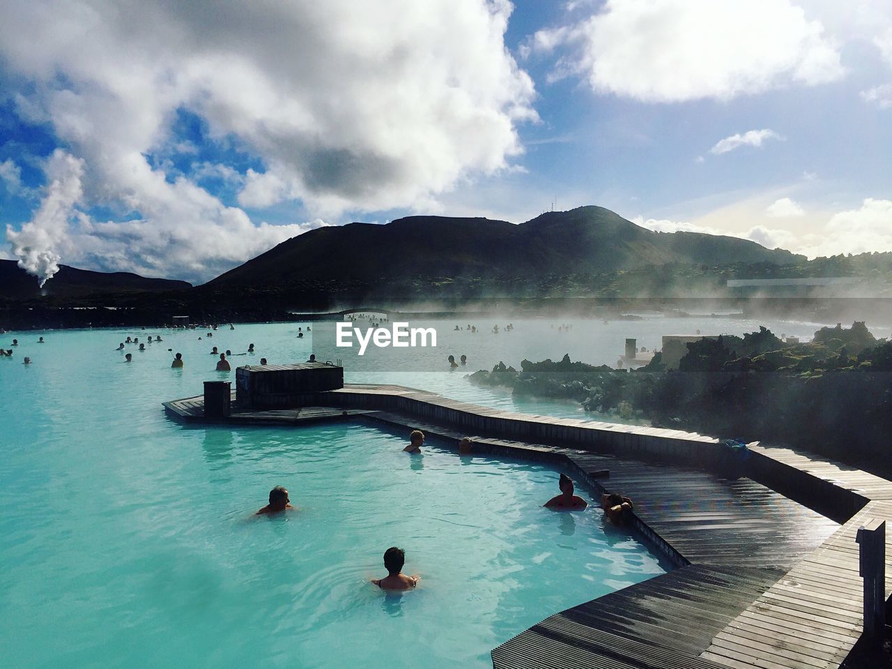High angle view of people in hot spring