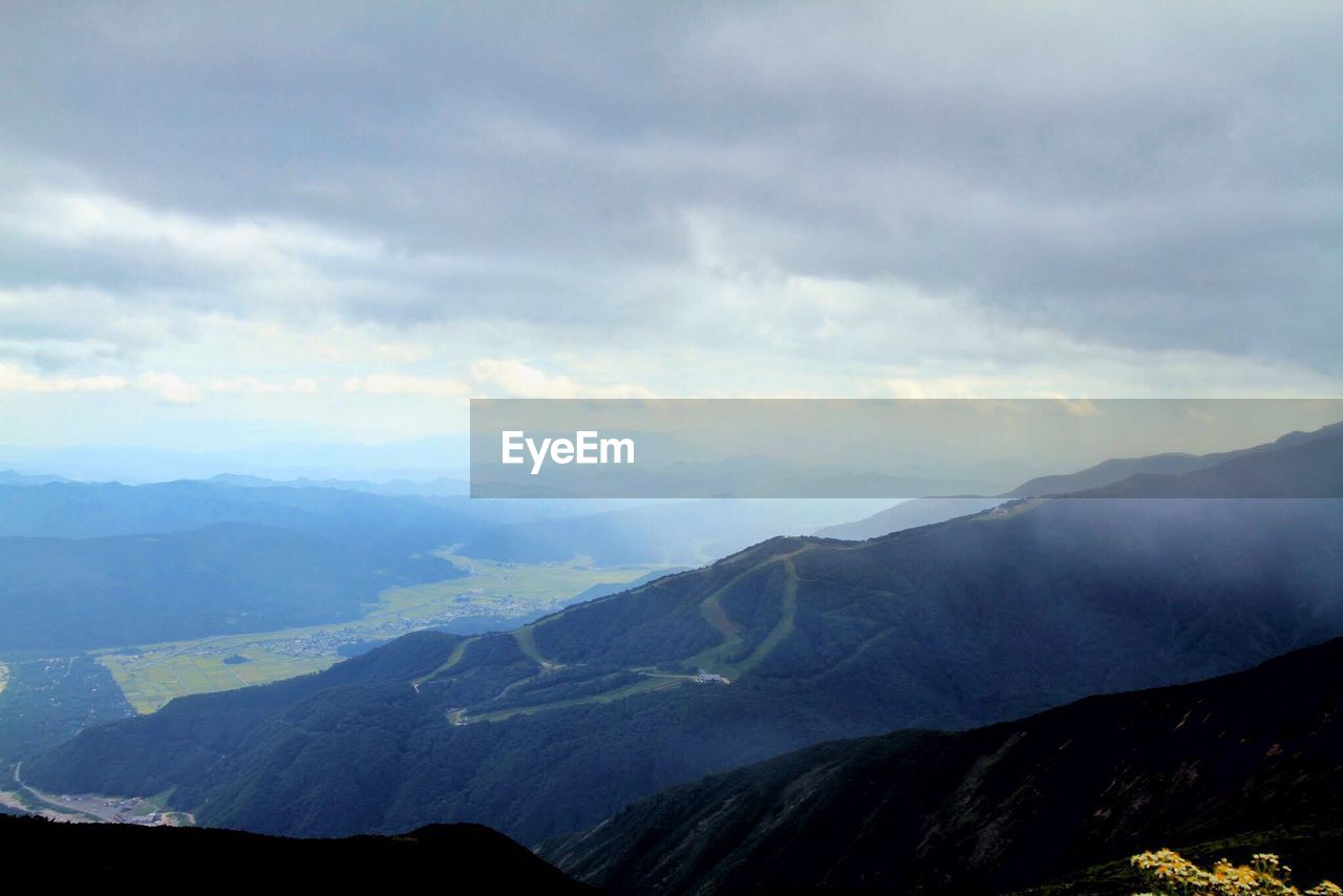 Scenic view of mountains against cloudy sky