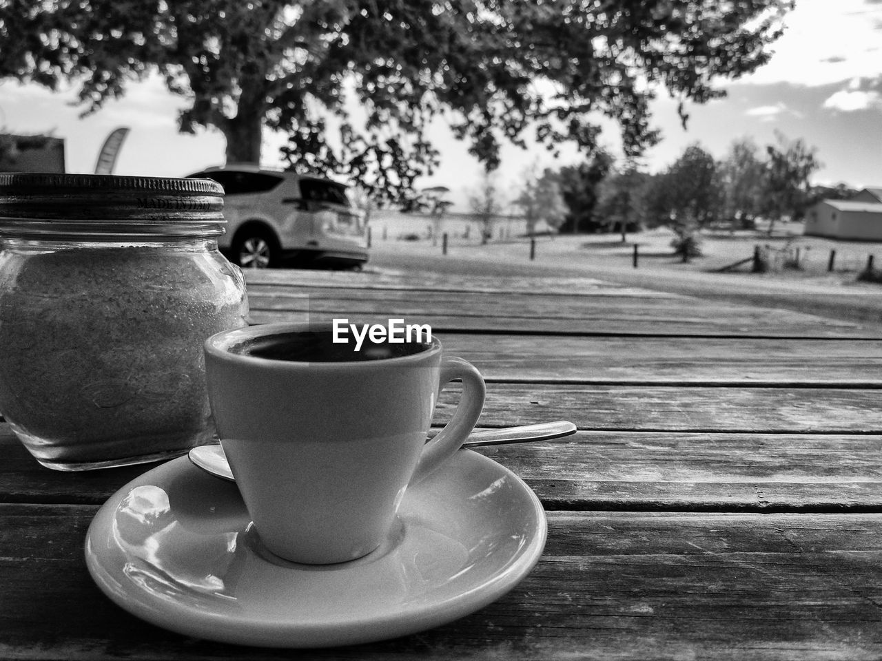 COFFEE CUP ON TABLE AGAINST TREES