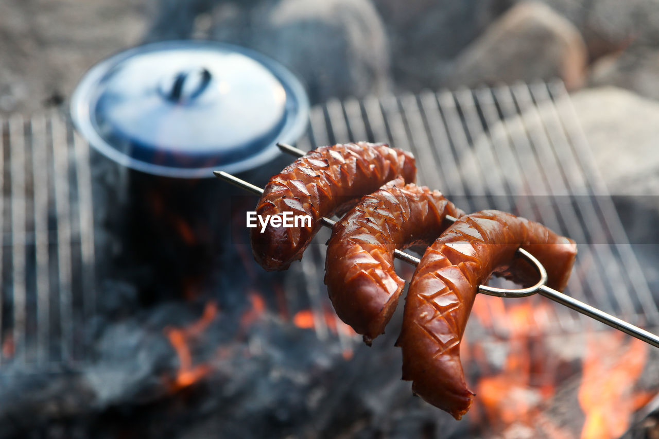 HIGH ANGLE VIEW OF FOOD ON BARBECUE GRILL