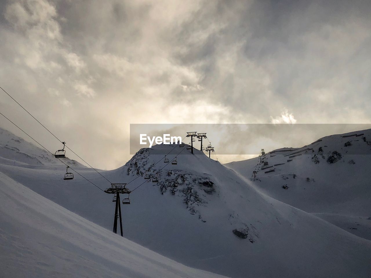 Scenic view of snow covered mountains against sky