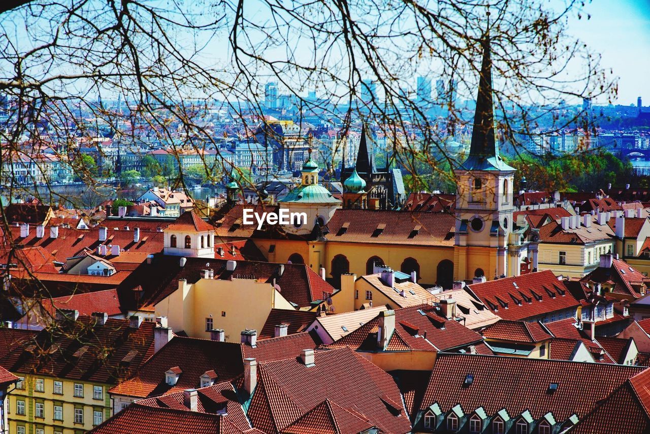 High angle view of houses in city