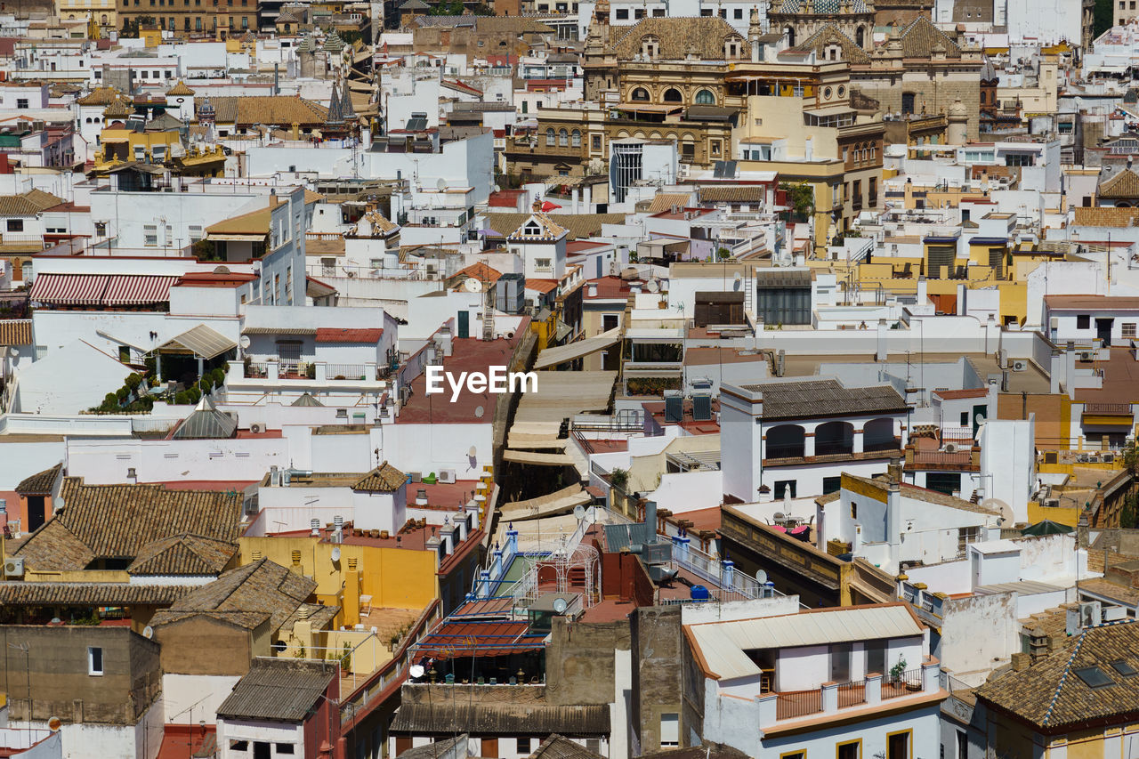 High angle view of buildings in town