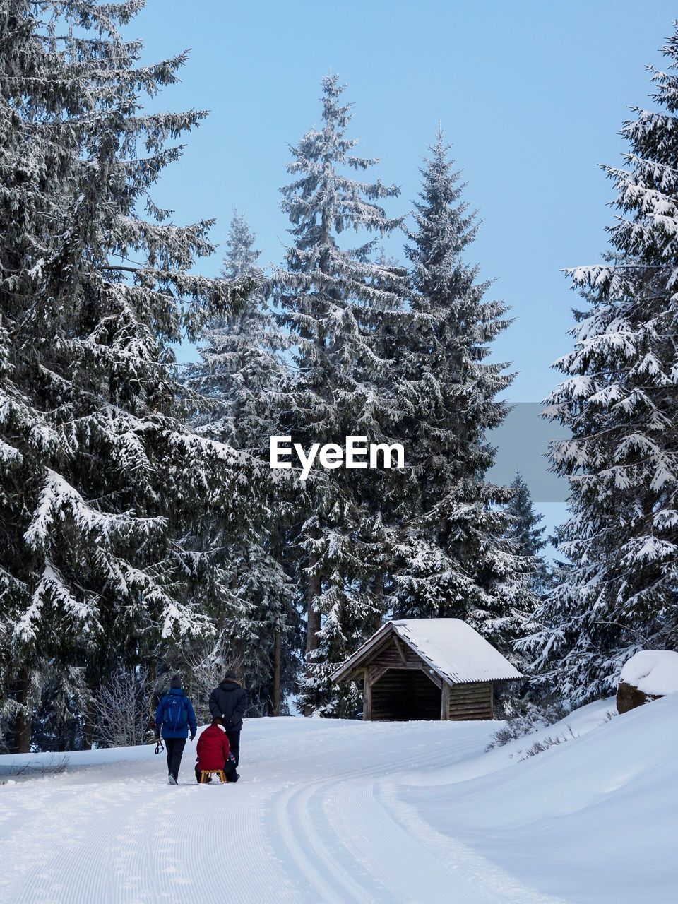 PEOPLE ON SNOW COVERED FIELD AGAINST SKY