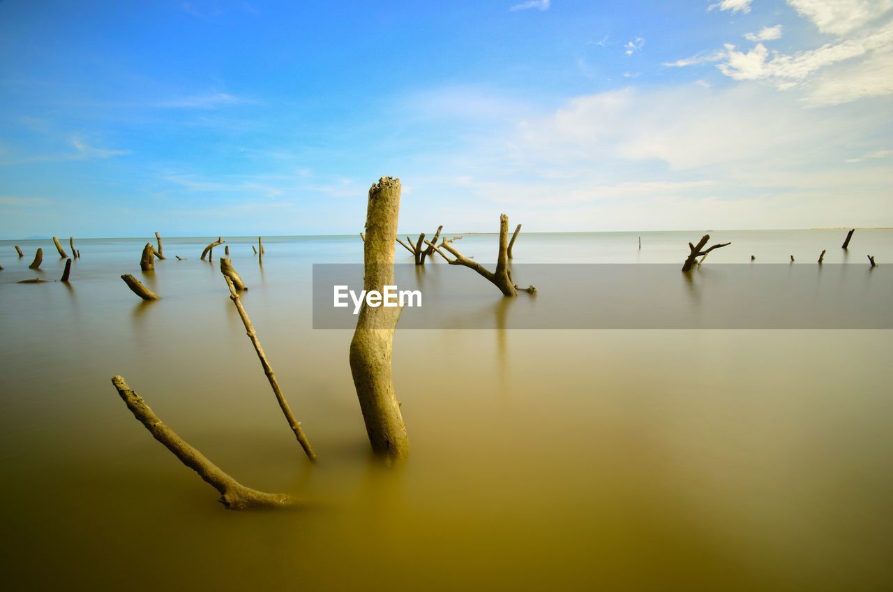 WOODEN POST IN LAKE AGAINST SKY