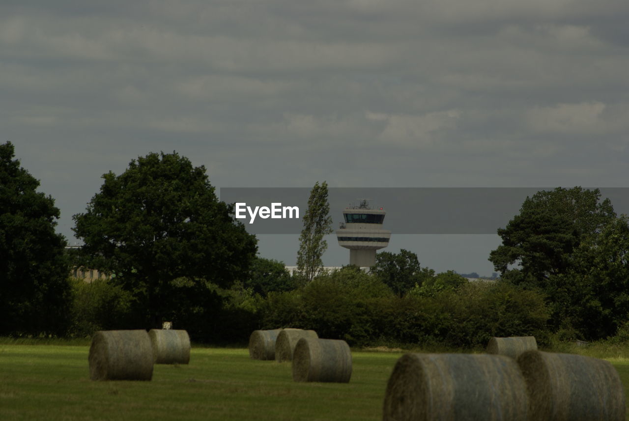 HAY BALES ON FIELD AGAINST TREES AND SKY