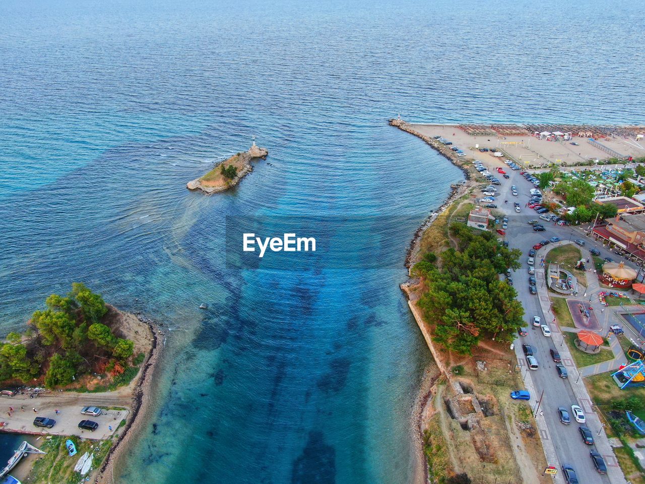 High angle view of sea pass for boats under a brige with drone 