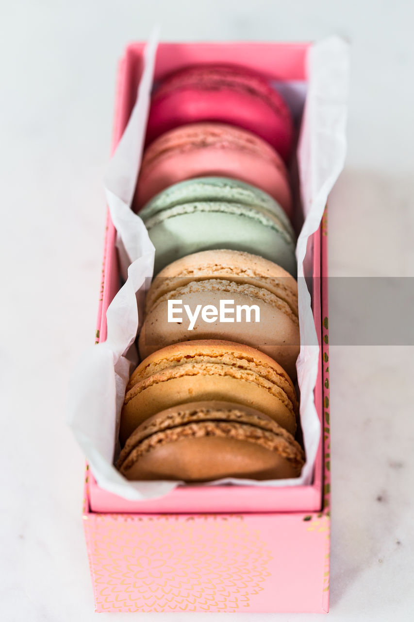 Close-up of macaroons in box