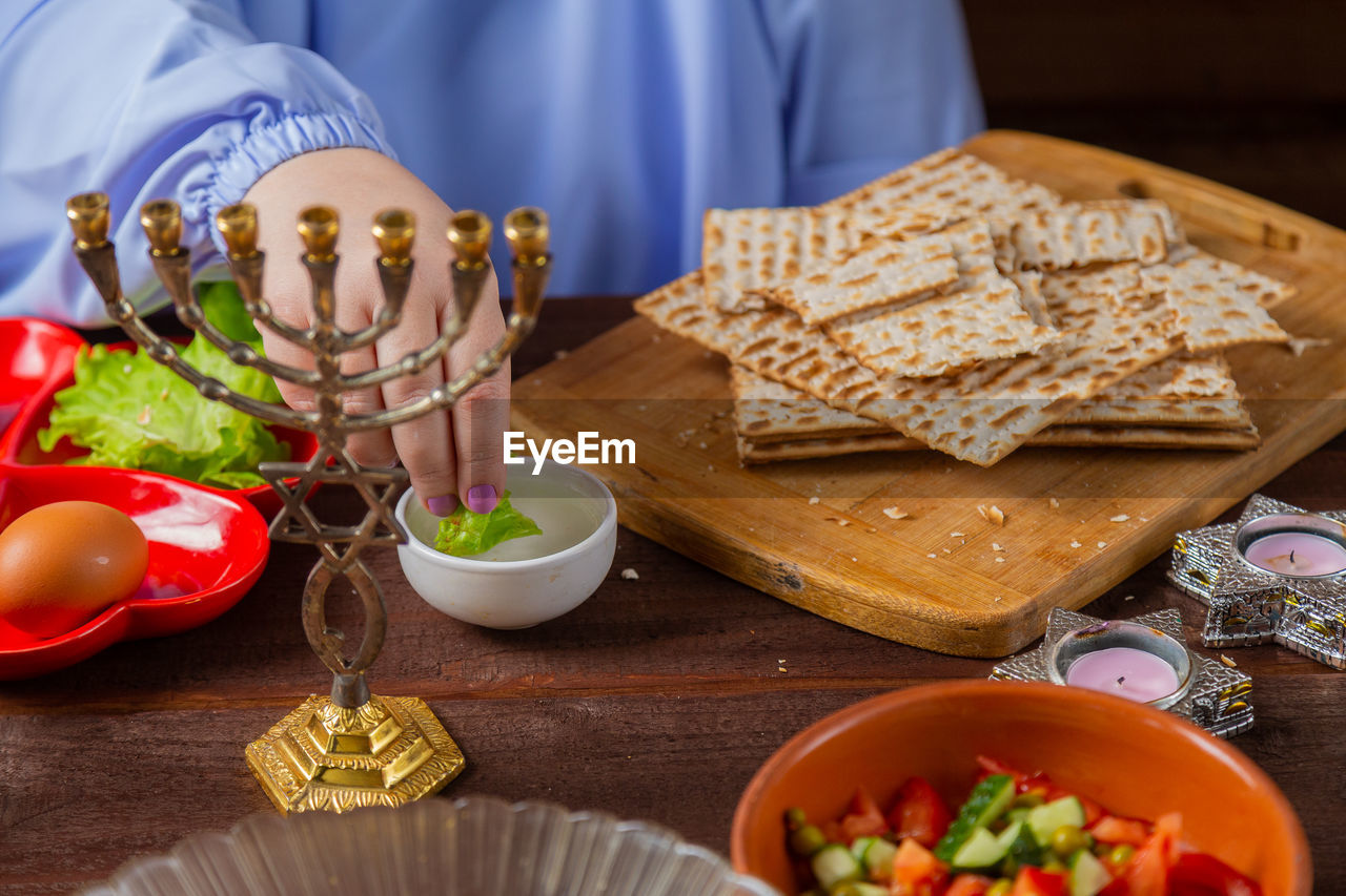 high angle view of food served on table