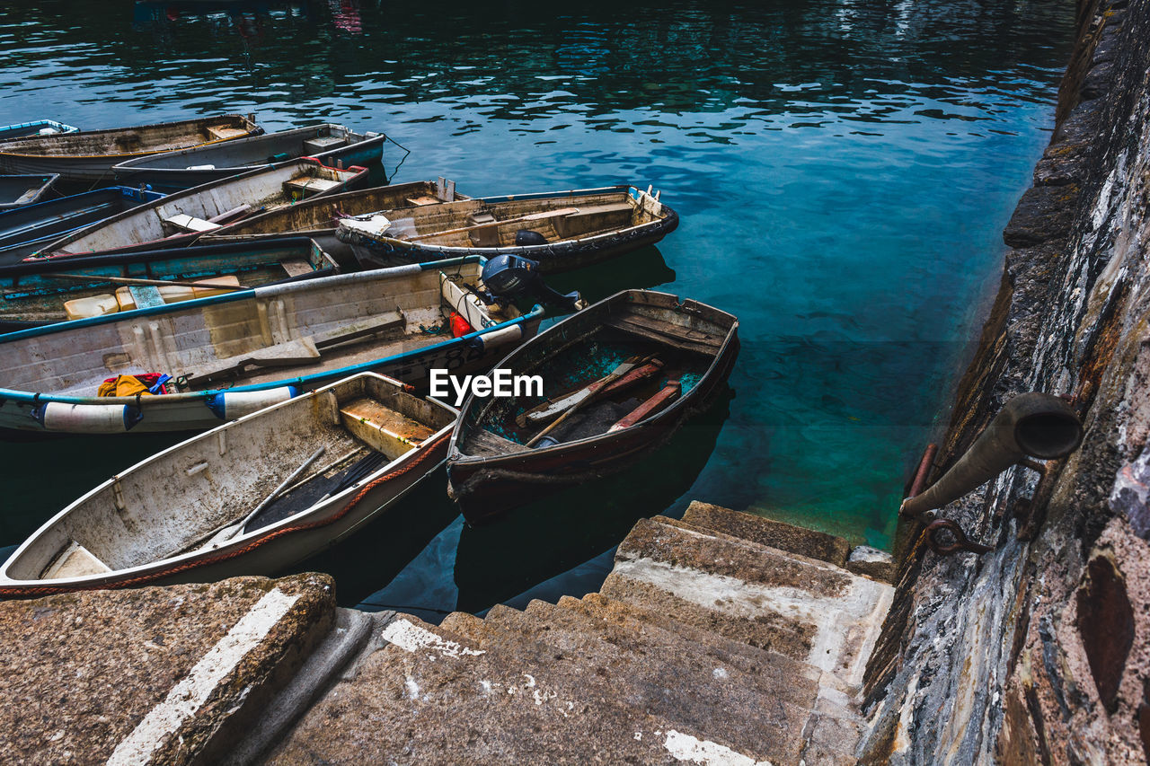 High angle view of boats moored in lake