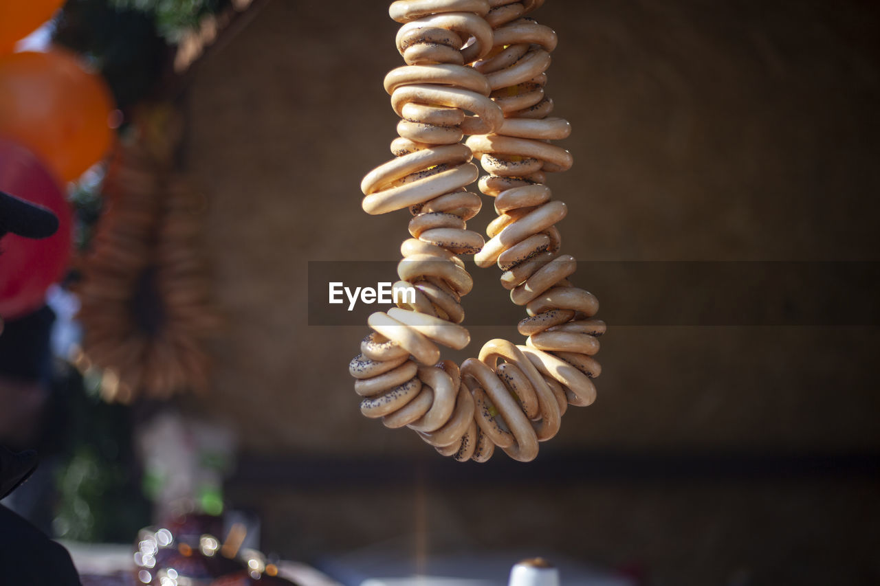 Bagels for tea. russian treat. flour products on a rope. food on the street. 