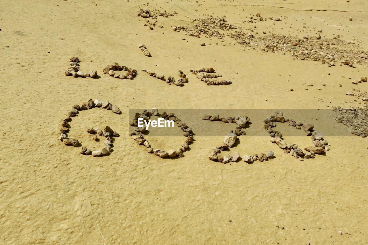 HIGH ANGLE VIEW OF TEXT WRITTEN ON SAND