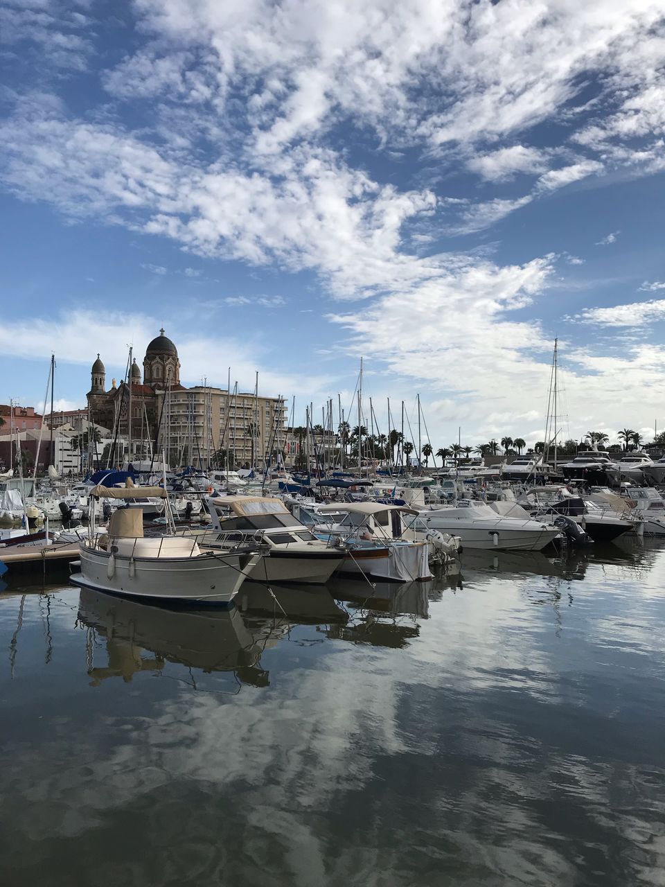 SAILBOATS MOORED IN HARBOR