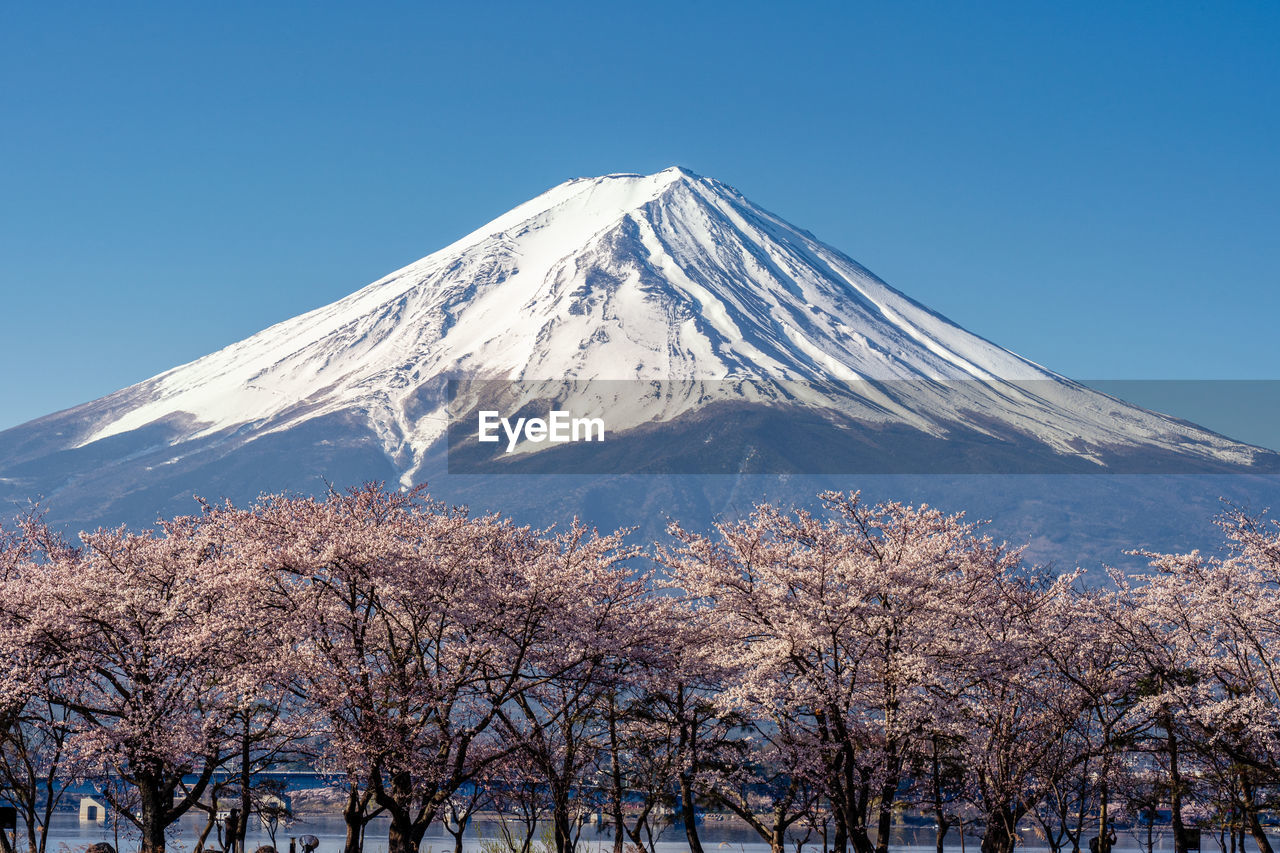 Scenic view of snowcapped mountains against clear blue sky