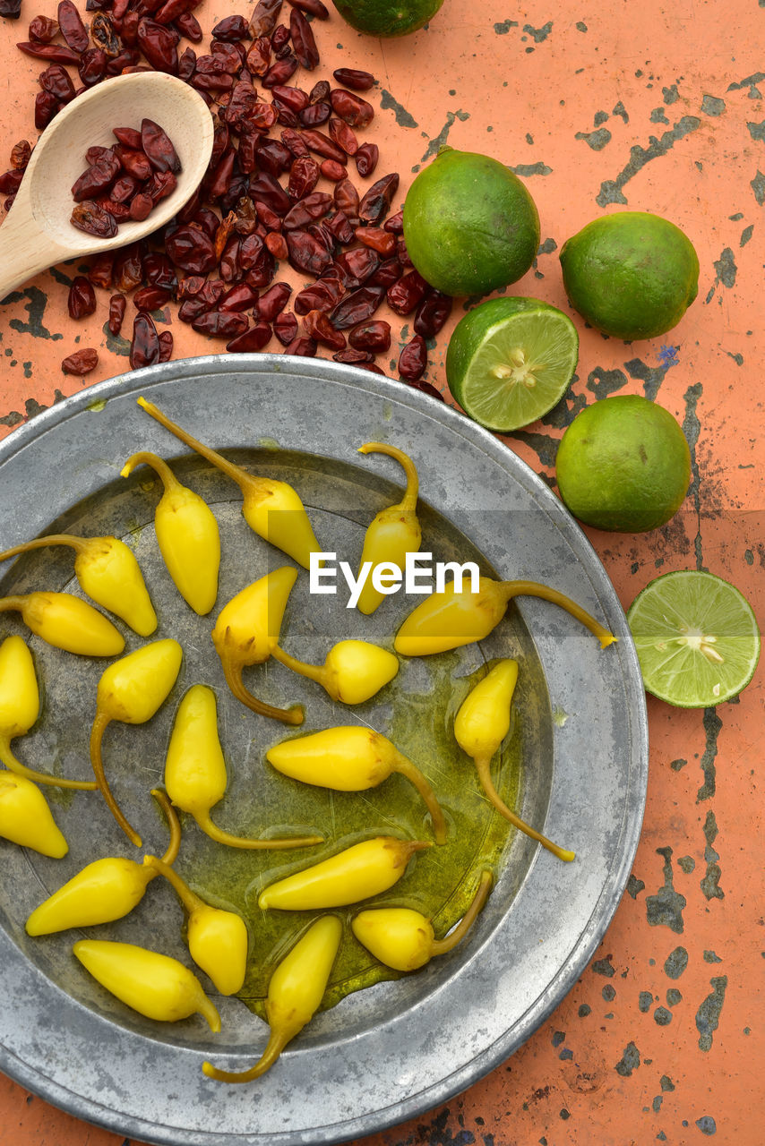 High angle view of chili pepper in plate on table