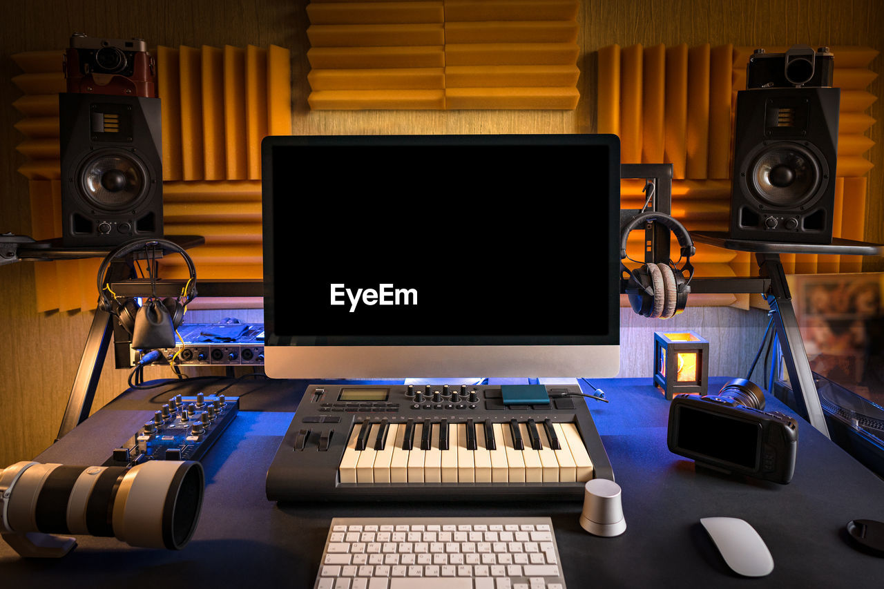 Close-up of musical equipment on table