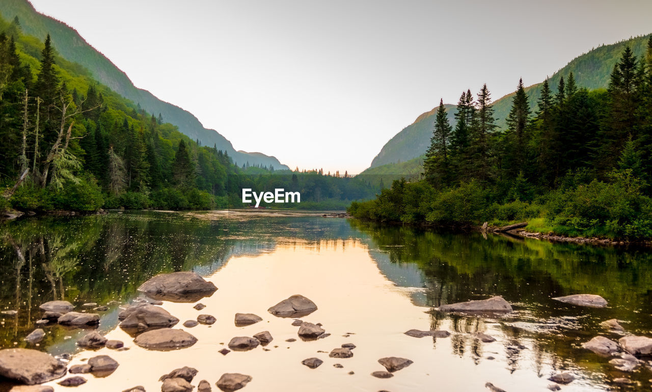 water, sky, lake, mountain, reflection, tranquility, beauty in nature, scenics - nature, tranquil scene, nature, tree, plant, no people, clear sky, non-urban scene, waterfront, idyllic, mountain range, day, outdoors