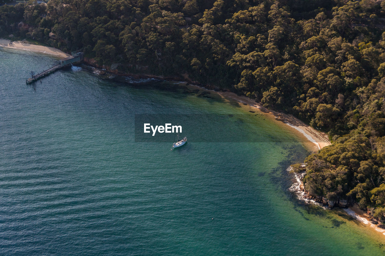 High angle view of sea by trees