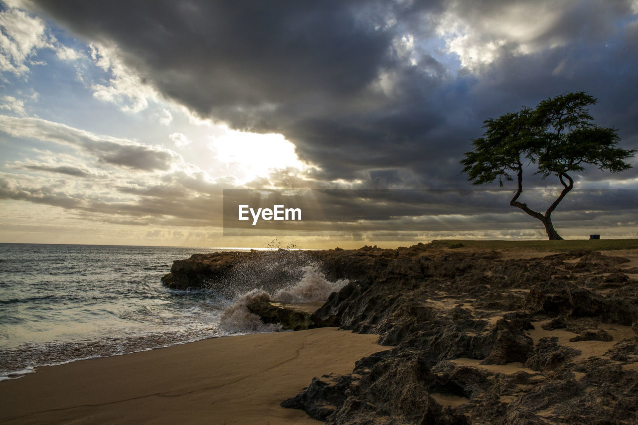 SCENIC VIEW OF BEACH AGAINST SKY DURING SUNSET