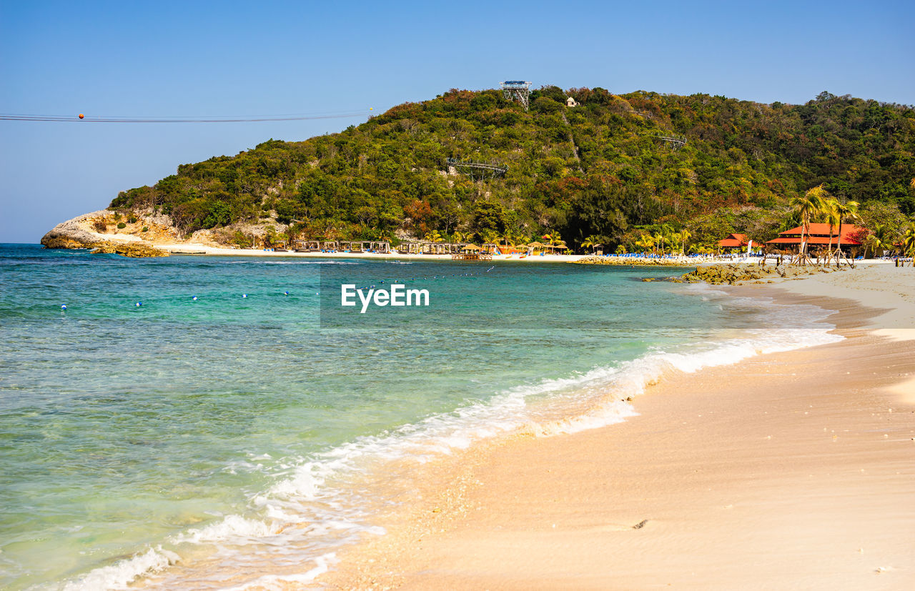 SCENIC VIEW OF BEACH BY MOUNTAINS AGAINST CLEAR SKY