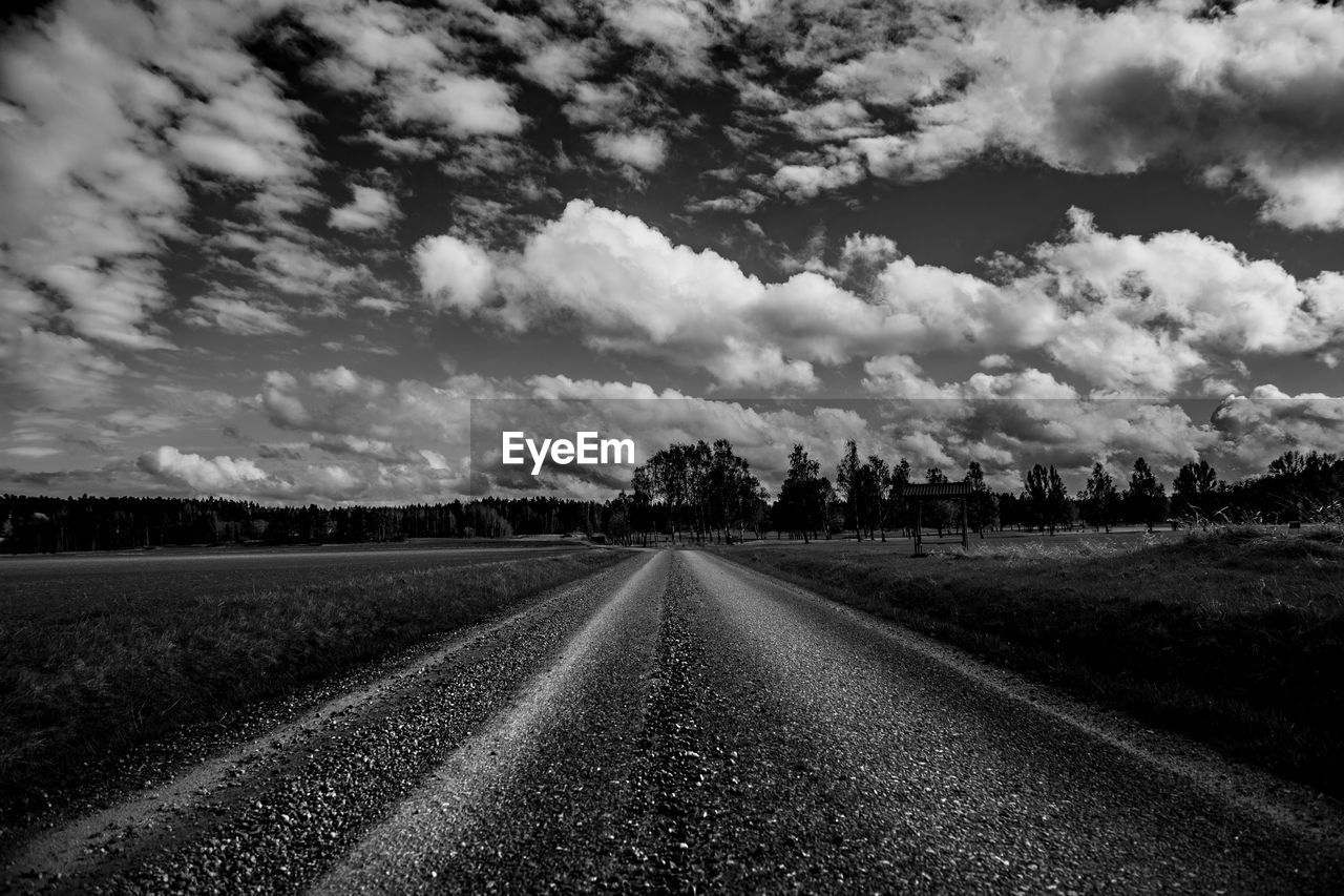 EMPTY ROAD ON FIELD AGAINST SKY DURING SUNSET