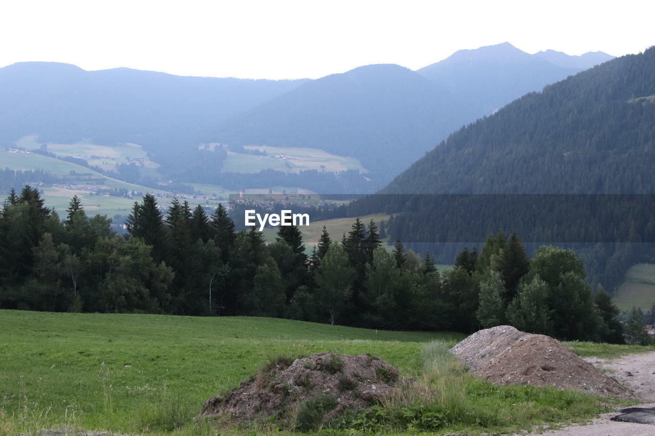 SCENIC VIEW OF TREES ON FIELD AGAINST MOUNTAINS