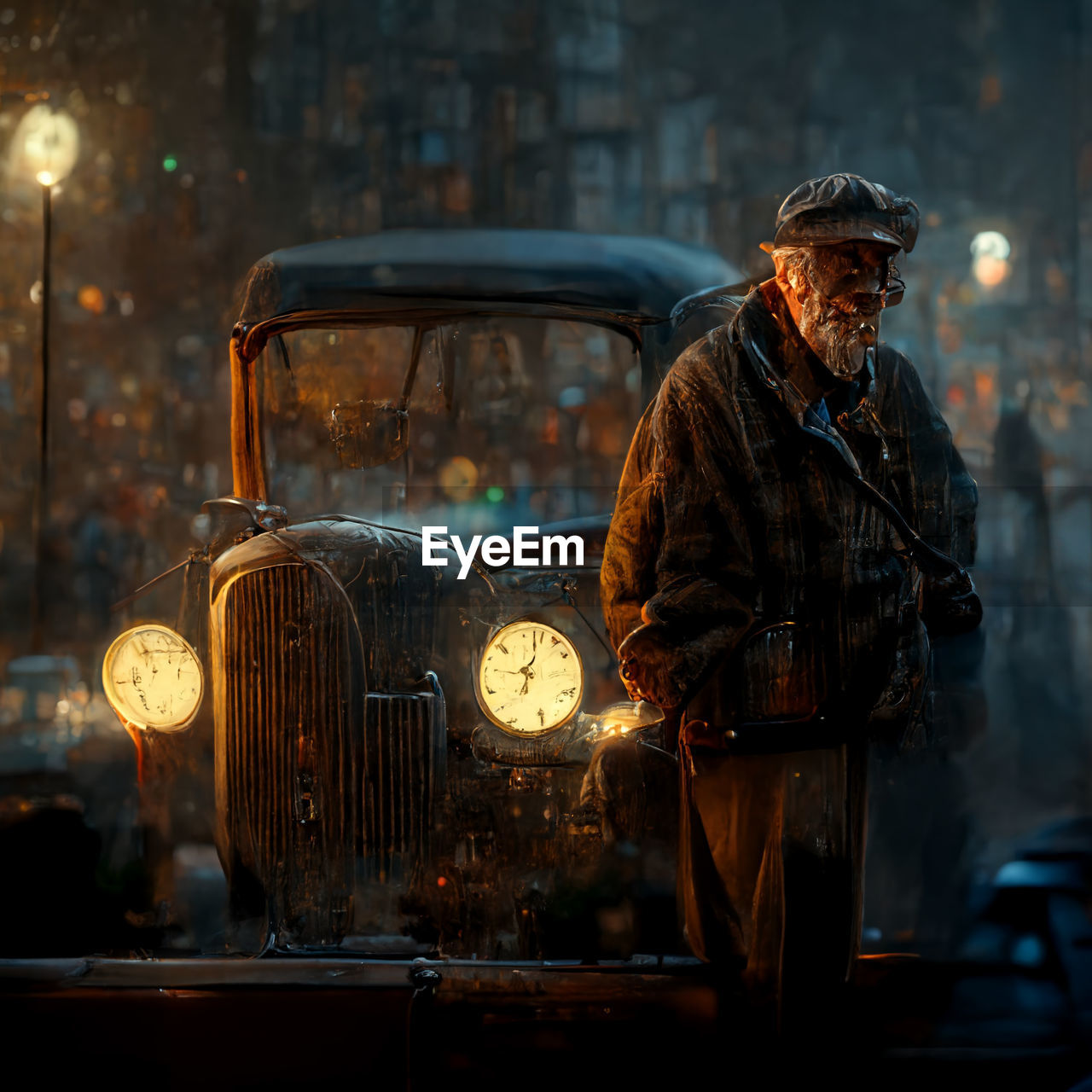 mode of transportation, car, transportation, motor vehicle, one person, night, adult, city, vehicle, men, evening, clothing, land vehicle, headlight, street, architecture, hat, illuminated, standing, vintage car, city life, darkness, three quarter length, front view, retro styled, mature adult