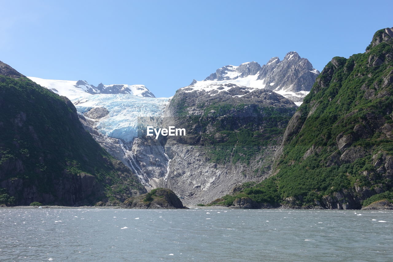 Scenic view of snowcapped mountains against clear sky